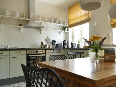 Blick über den Esstisch auf die Küchenzeile der Ferienwohnung mit Herd, Dunstabzugshaube und Wandregal.