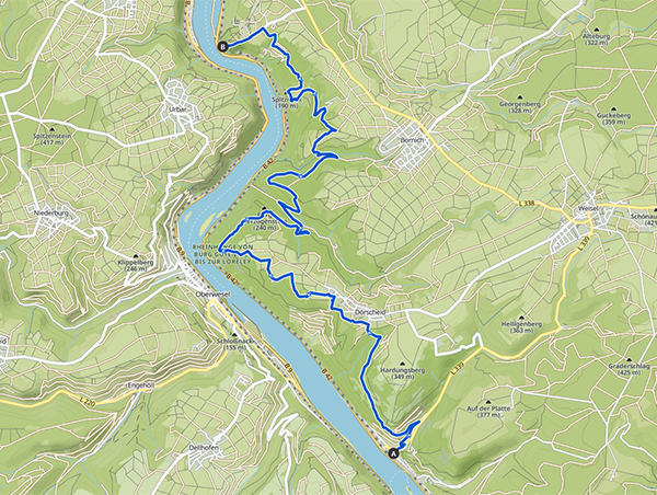 Rheinsteig-Etappe von Kaub bis zur Loreley auf topografischer Karte