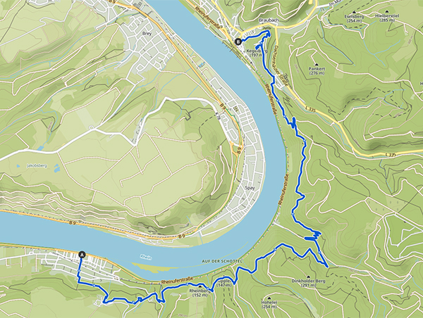 Rheinsteig-Etappe von Osterspai nach Braubach über die Marksburg auf topografischer Karte