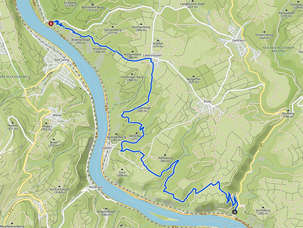 Rheinsteig-Etappe von Wellmich über die Hindenburghöhe, die Burg Sterrenberg und die Burg Liebenstein bis nach Kamp-Bornhofen auf topografischer Karte