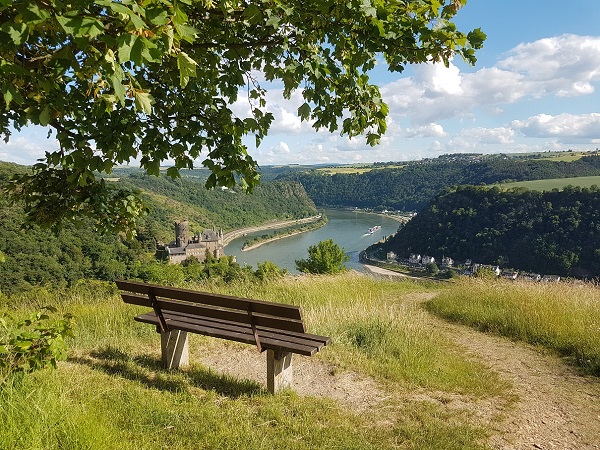 Am Wanderweg Rheinsteig steht eine Aussichtsbank mit Blick ins Rheintal auf die Burg Katz und die Loreley.