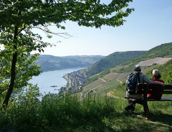 Rheinsteig-Wanderer sitzen auf einer Bank und blicken auf Lorch im Rheintal