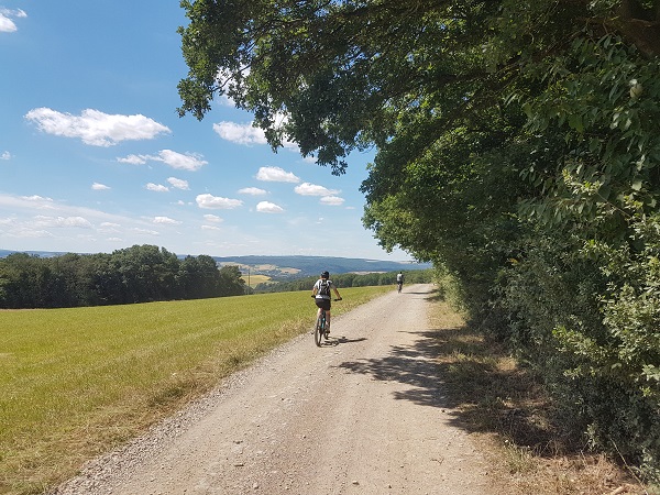 Fahrradfahrer auf einem Schotterweg am Waldrand in der Region Mittelrhein