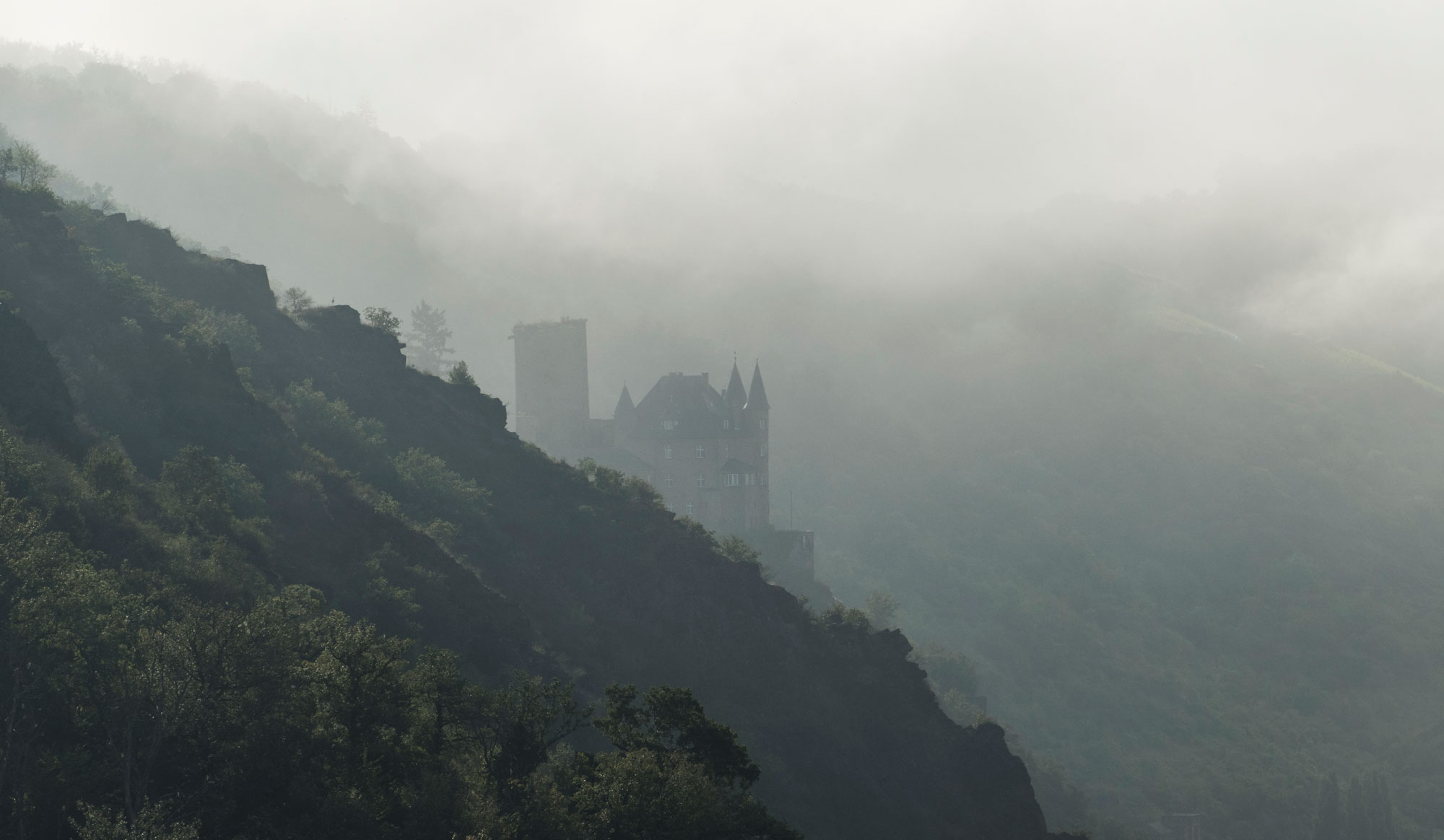 In den nebligen Hängen des Rheintals ragt Burg Katz hervor